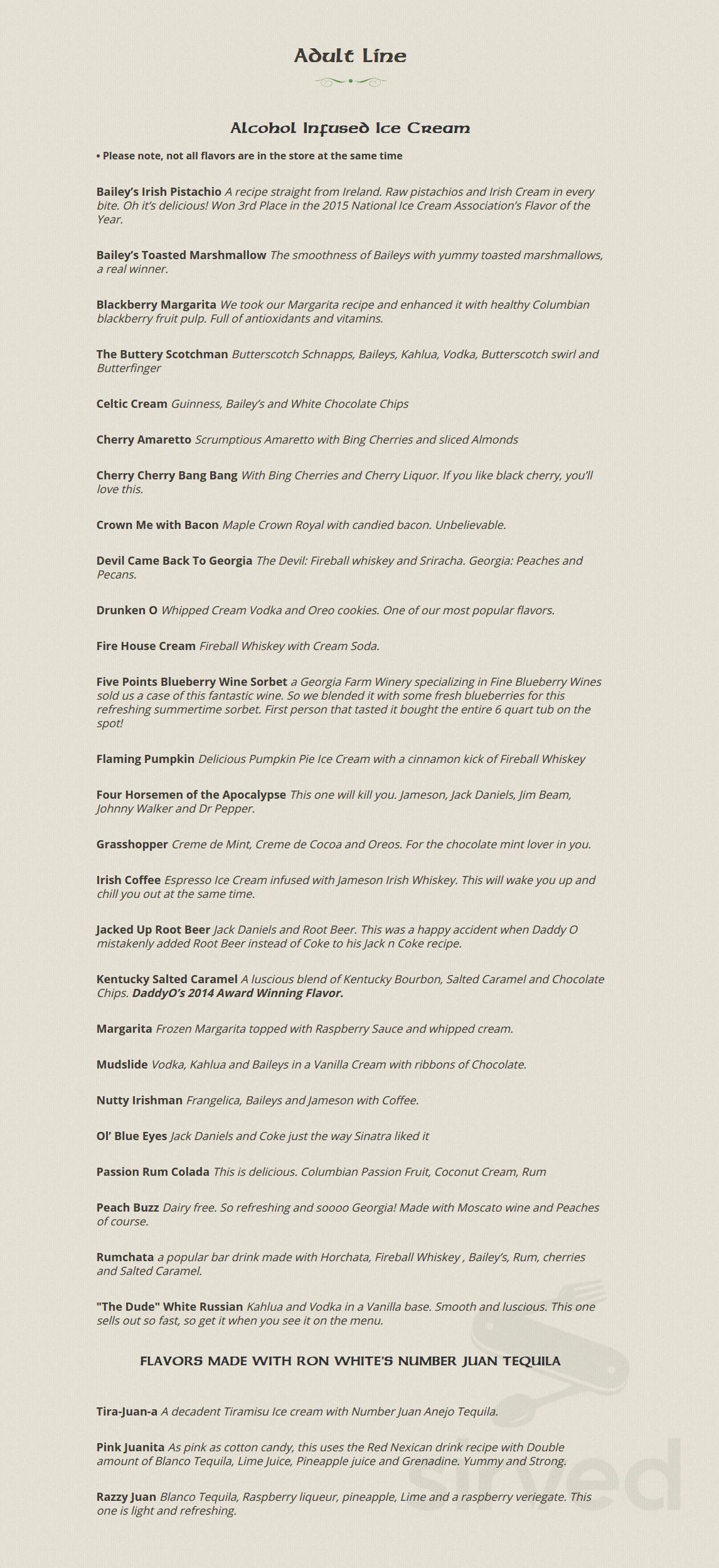 Menu for Daddy O'Brien's Irish Ice Cream Pub and Restaurant in Sugar