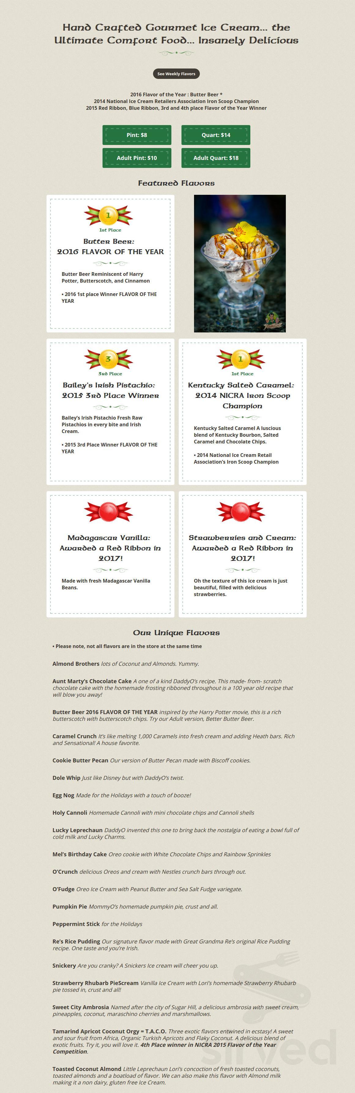 Menu for Daddy O'Brien's Irish Ice Cream Pub and Restaurant in Sugar