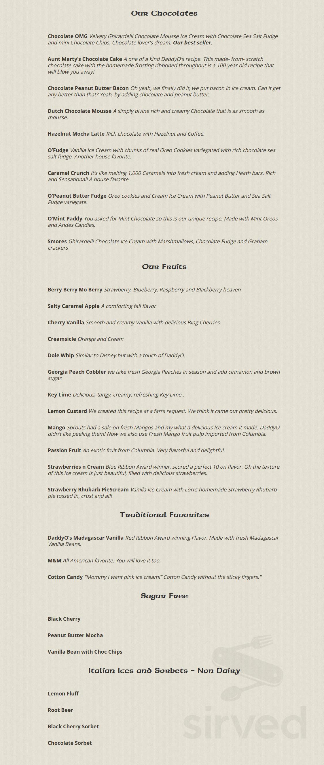 Menu for Daddy O'Brien's Irish Ice Cream Pub and Restaurant in Sugar