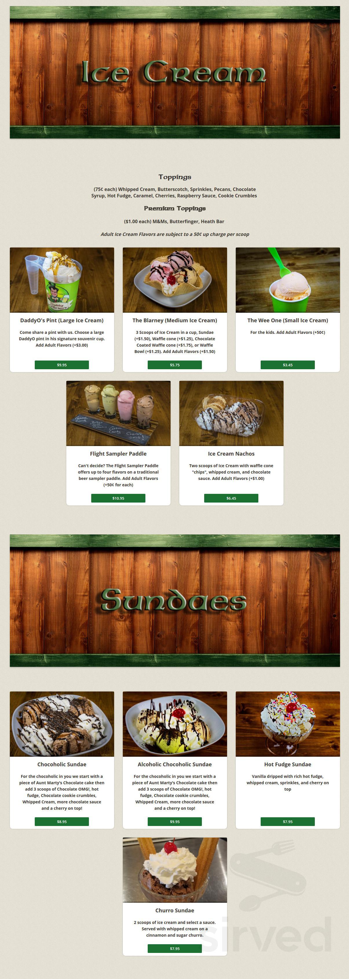 Menu for Daddy O'Brien's Irish Ice Cream Pub and Restaurant in Sugar