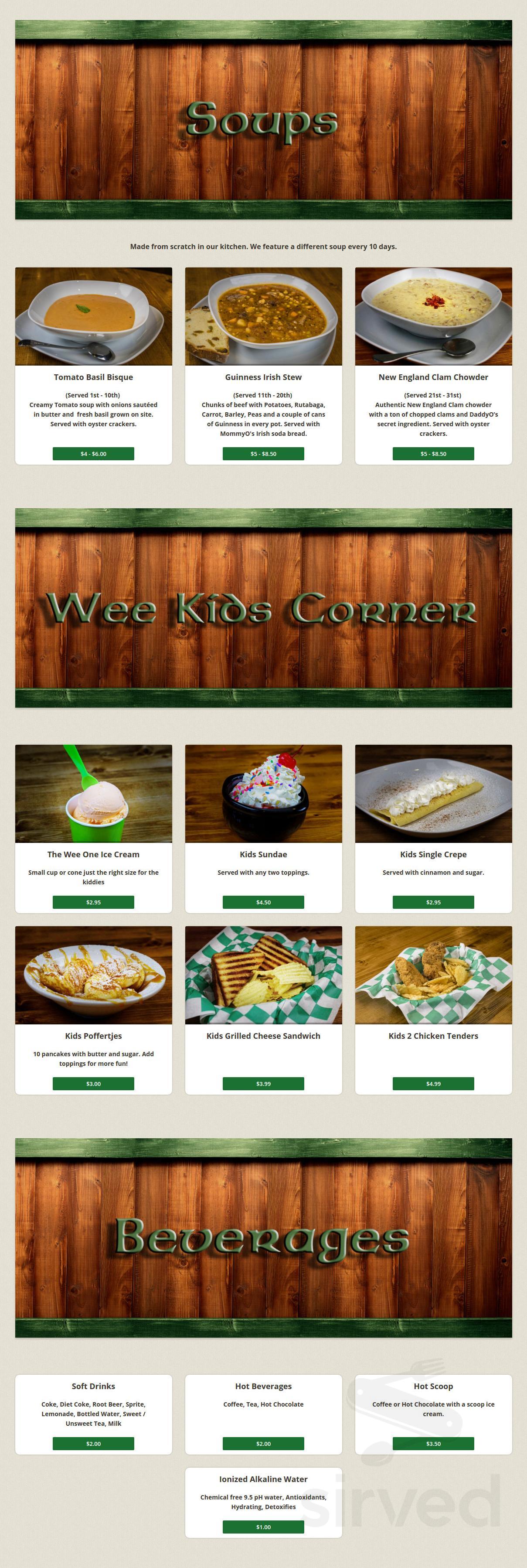 Menu for Daddy O'Brien's Irish Ice Cream Pub and Restaurant in Sugar