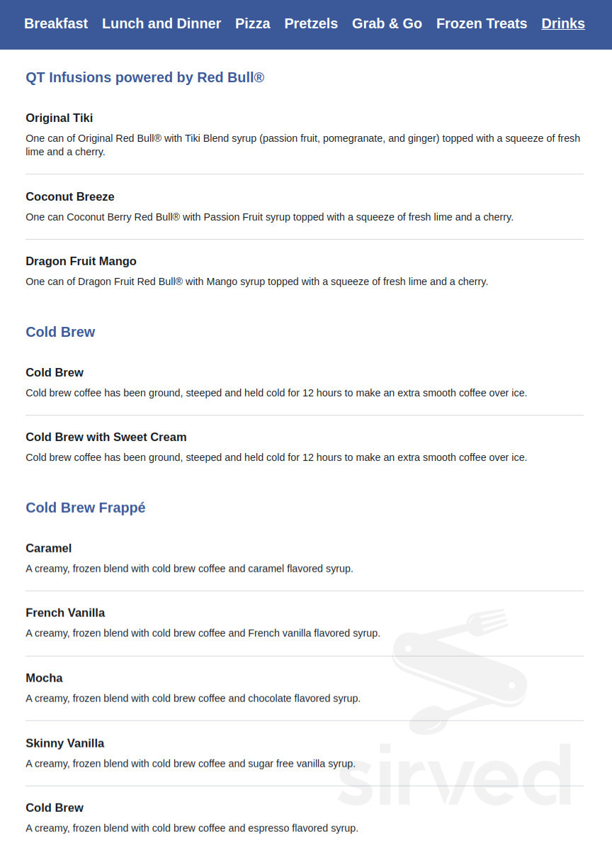 QuikTrip menu in Lithonia, Georgia, USA