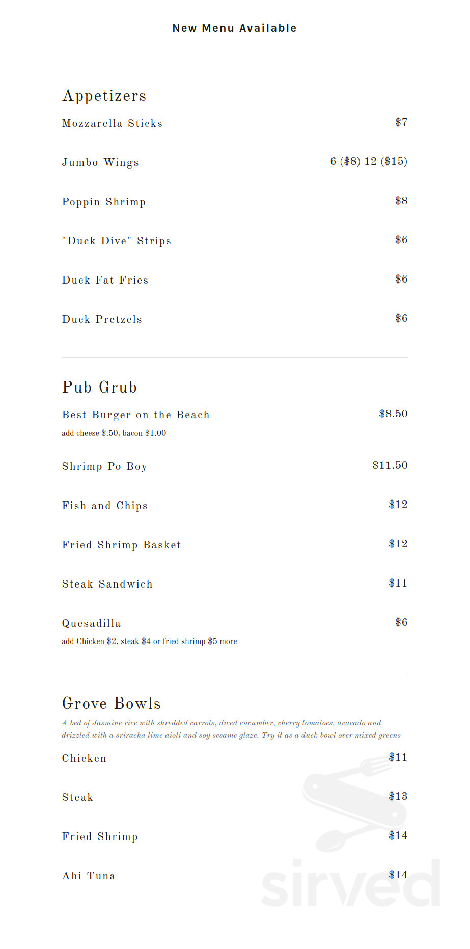 Menu for Duck Dive Bar and Grill in North Myrtle Beach, SC | Sirved