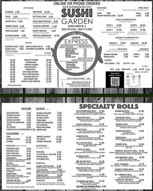 Sushi Garden menu in El Paso, Texas, USA
