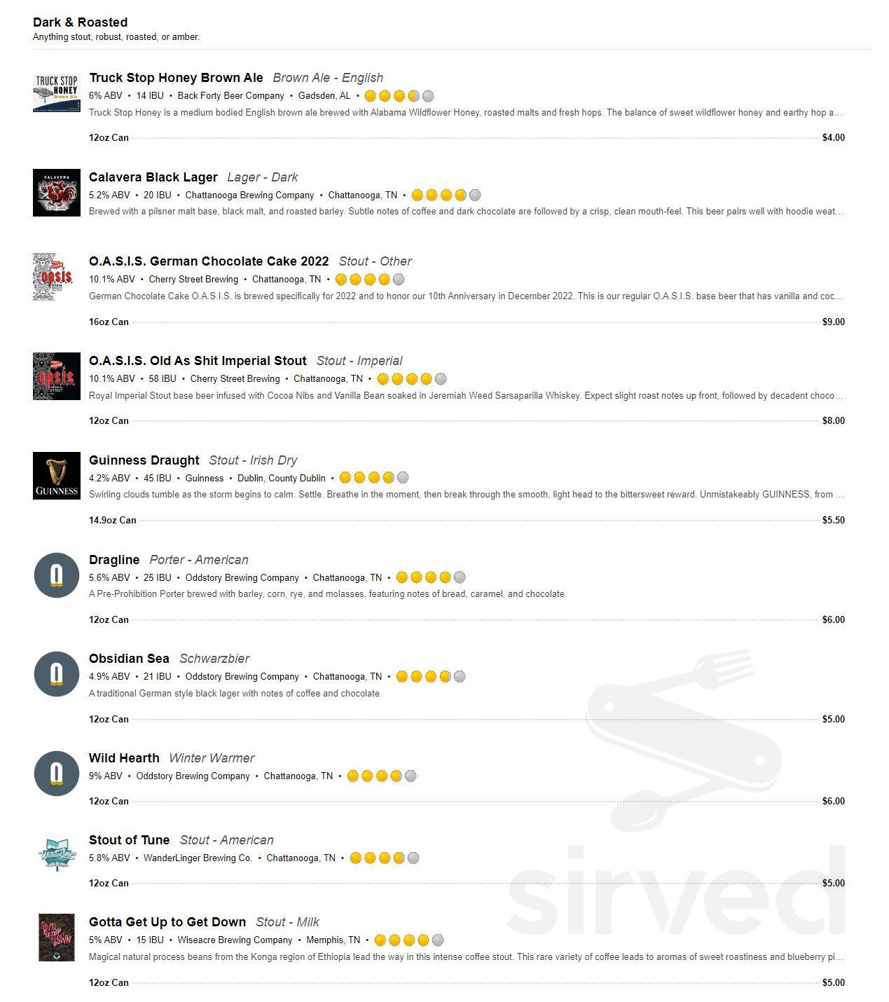 The Bitter Alibi menu in Chattanooga, Tennessee, USA