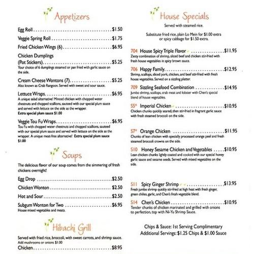 Chen's Chinese Restaurant menu in Shelby, North Carolina, USA