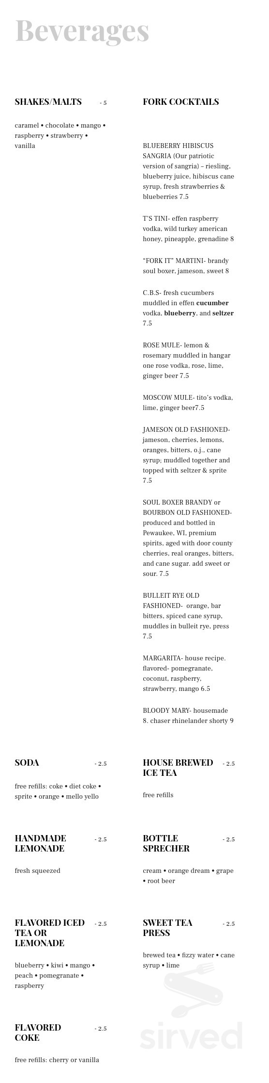 Fork in the Road Restaurant menu in Mukwonago, Wisconsin, USA