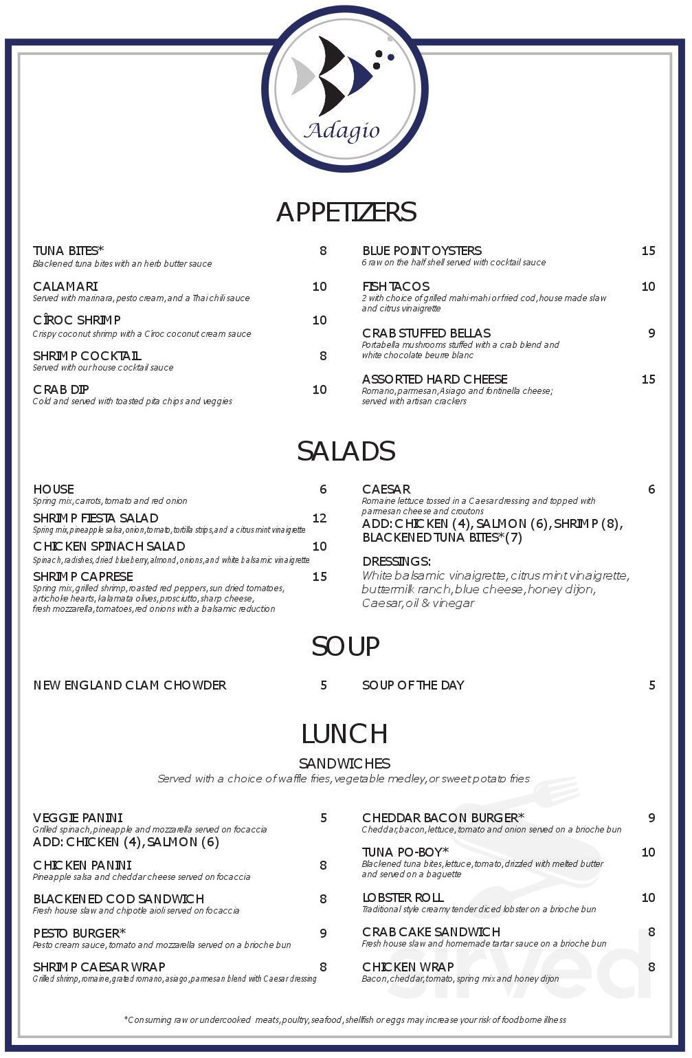 Adiago Menu Adagio menu in Bethlehem, Pennsylvania, USA
