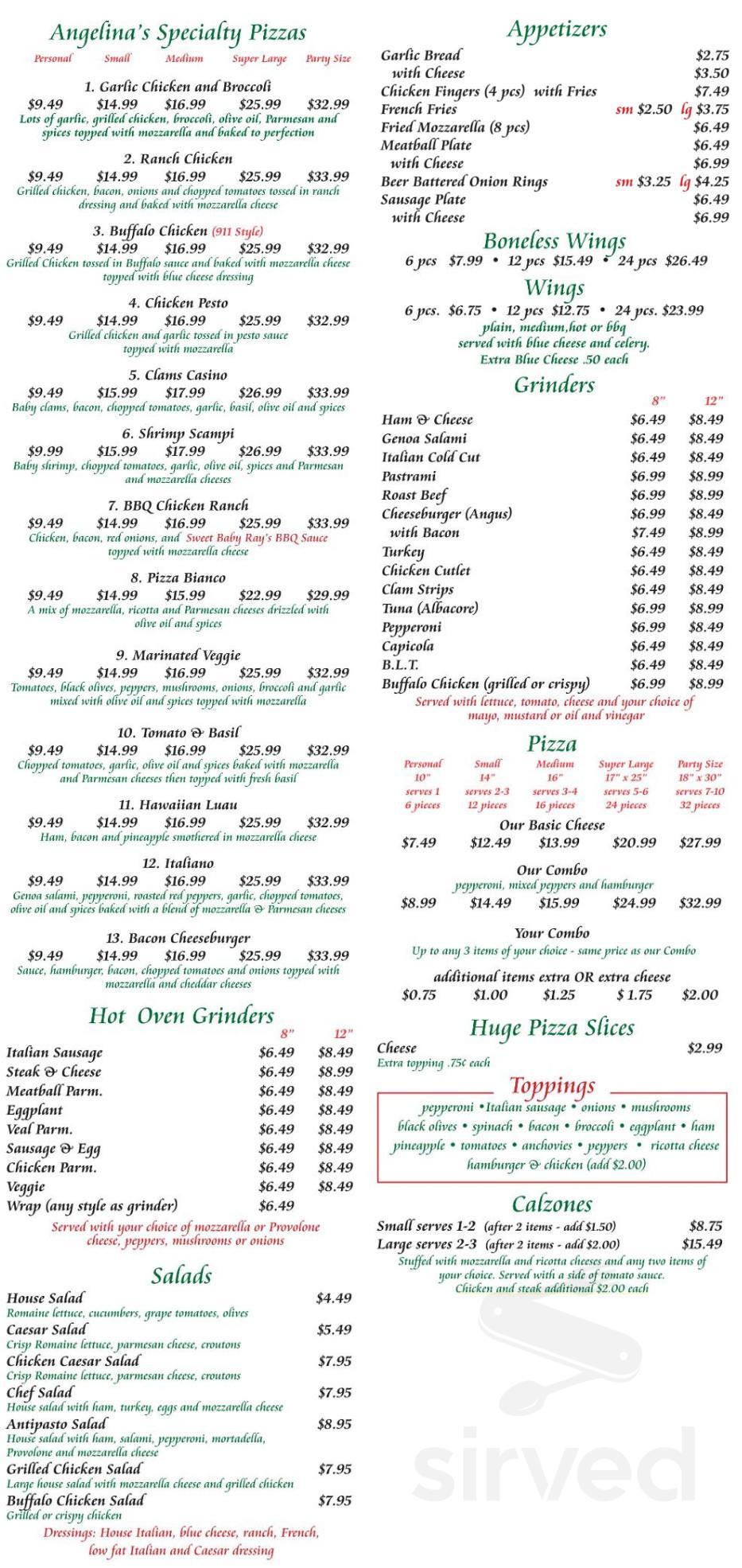 Angelina's Pizza menu in Hartford, Connecticut, USA
