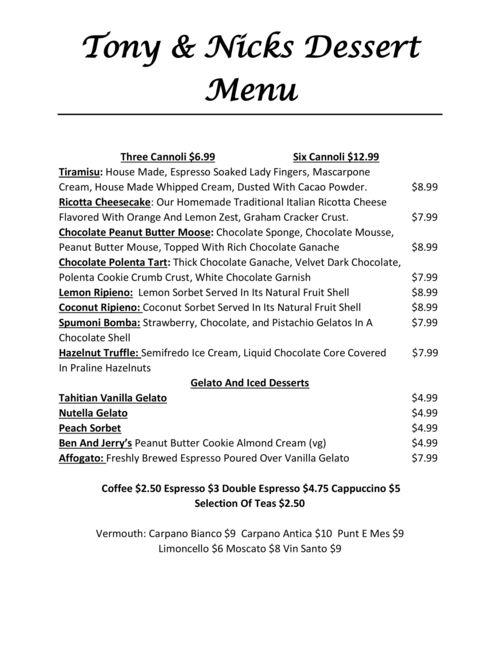 Tony And Nick's Italian Kitchen menu in Ellenville, New York, USA