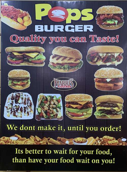 Pops Burger menu in Taft, California, USA