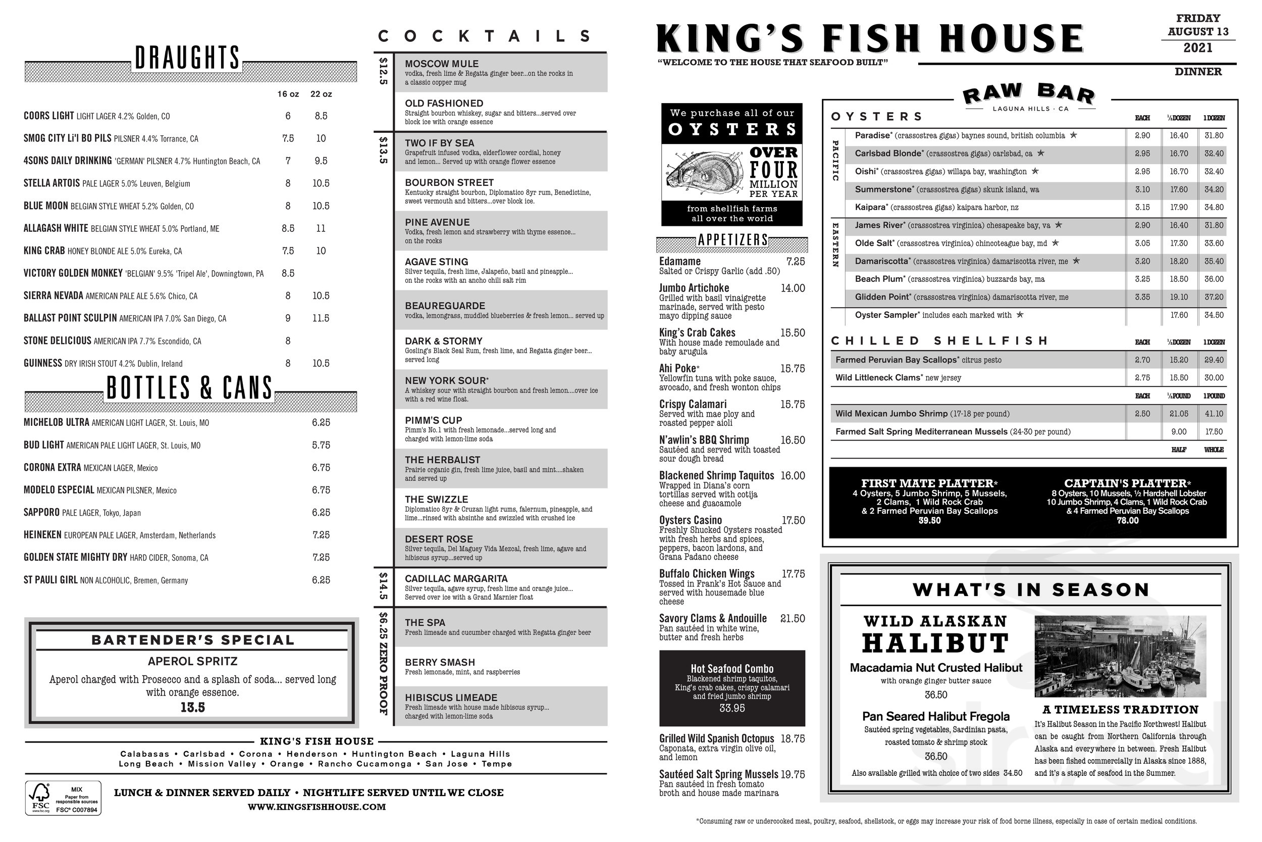 King's Fish House menu in Carlsbad, California, USA