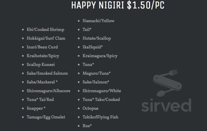 Sushi Konami menu in Auburn, Washington