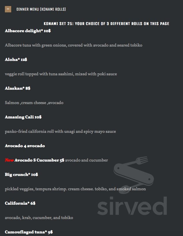 Sushi Konami menu in Auburn, Washington