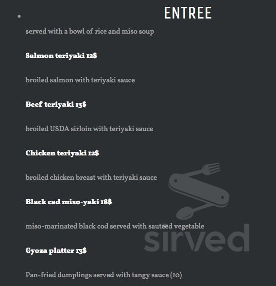 Sushi Konami menu in Auburn, Washington