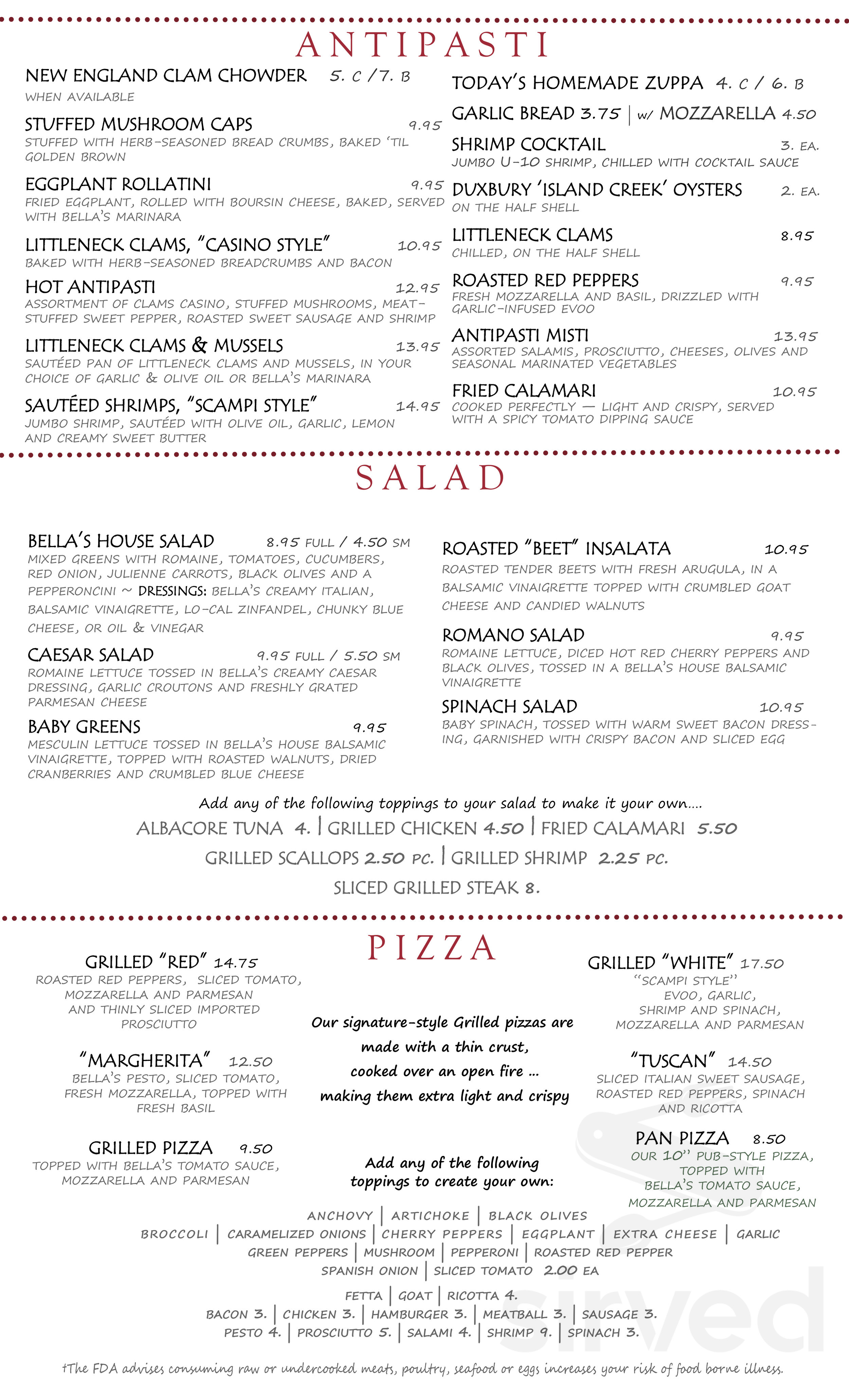 Menu for Bella's Restaurant in Rockland, MA | Sirved