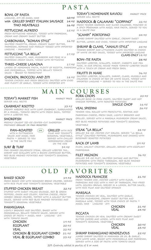 Bella's Restaurant menu in Rockland, Massachusetts, USA