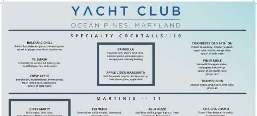 Menu for Ocean Pines Yacht Club in Ocean Pines, MD | Sirved