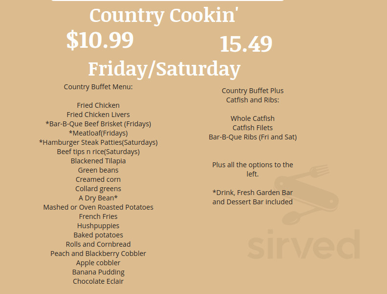 Tim's Lighthouse Seafood Buffet and Country Cookin' menu in Milner