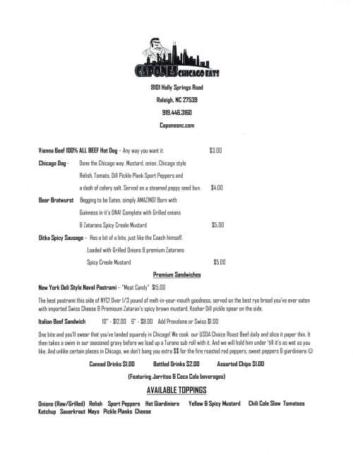 Capone's Chicago Eats menu in Raleigh, North Carolina, USA