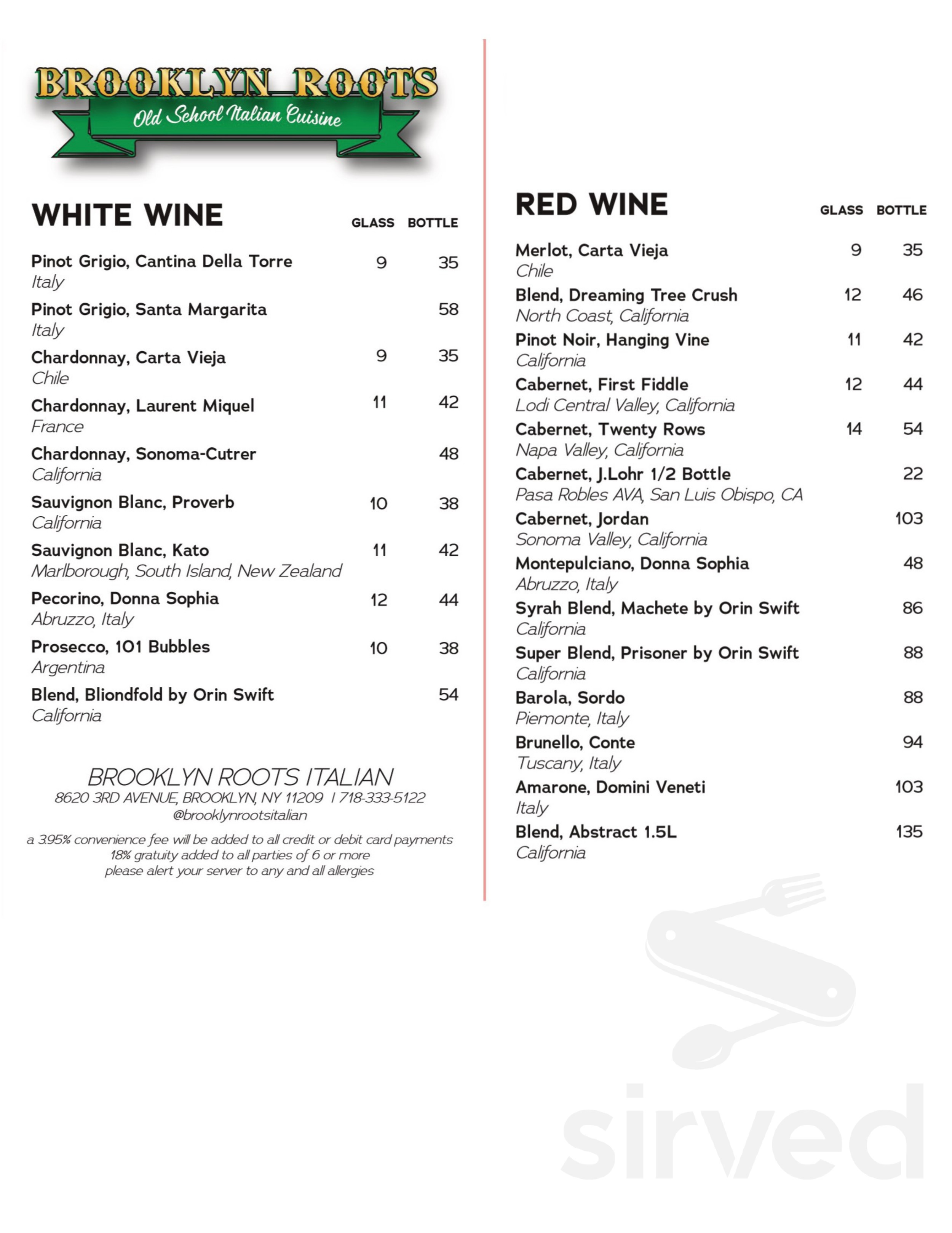 Menu for Brooklyn Roots Italian in Brooklyn, NY | Sirved