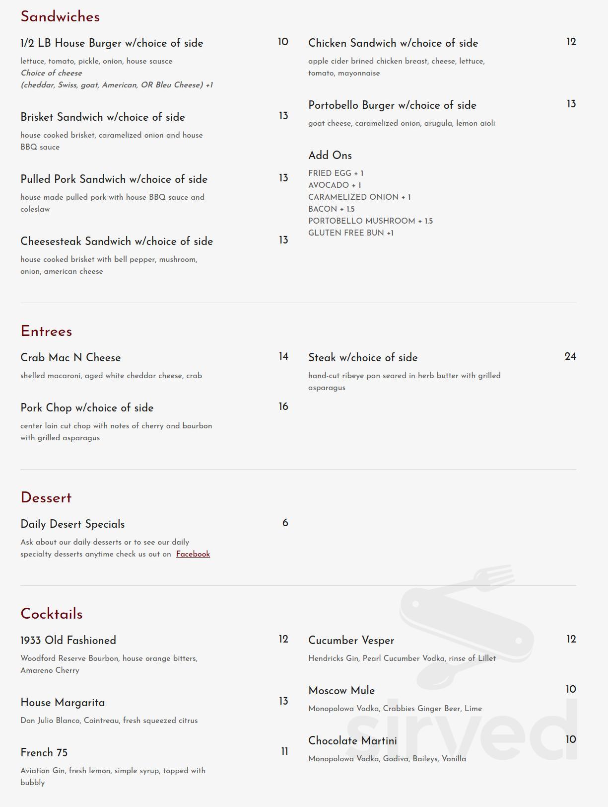 Nineteen33 menu in West Linn, Oregon