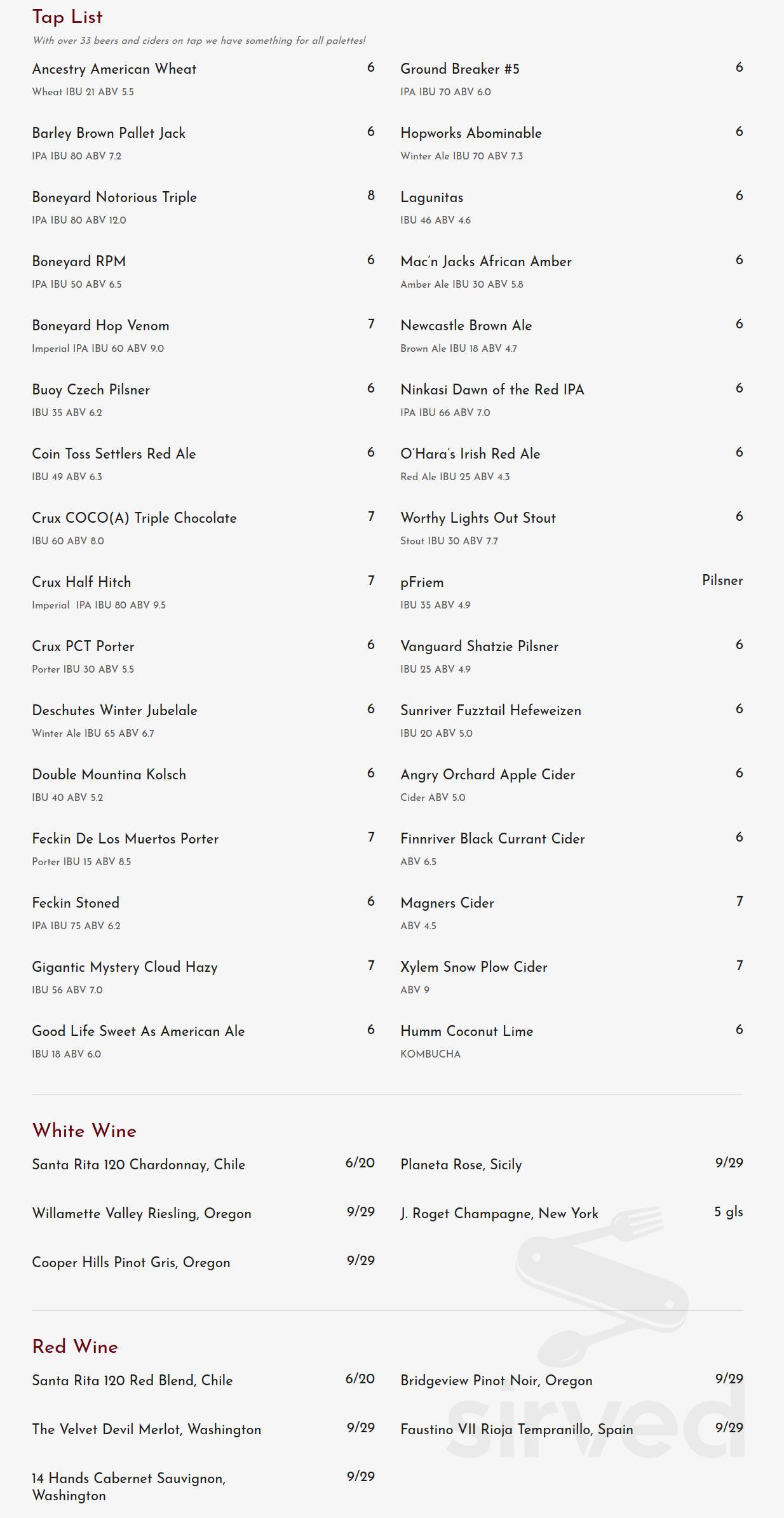 Nineteen33 menu in West Linn, Oregon
