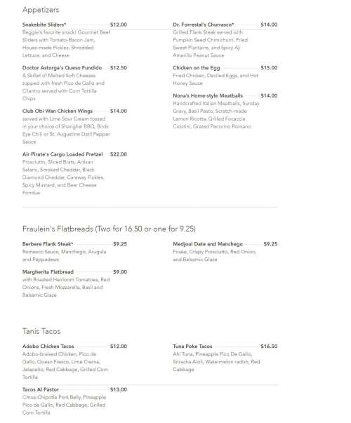 Jock Lindsey's Hangar Bar menu in Lake Buena Vista, Florida, USA