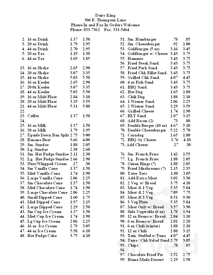 Dairy King menu in Nashville, Tennessee, USA