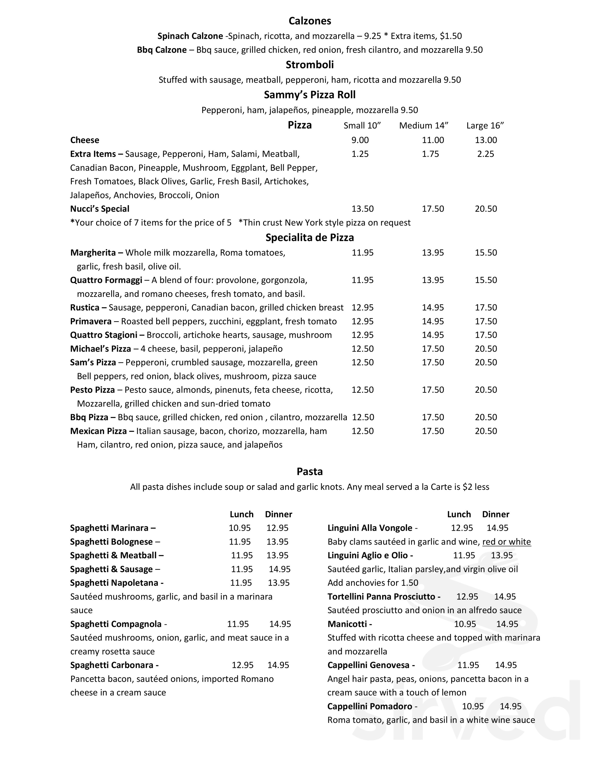 Nucci's Italian Cafe & Pizza menu in Vista, California