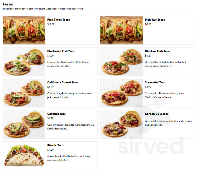 California Tortilla menu in Philadelphia, Pennsylvania, USA