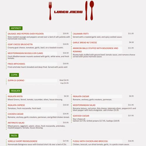 Sorelle Italian Bistro menu in Campbell, California, USA