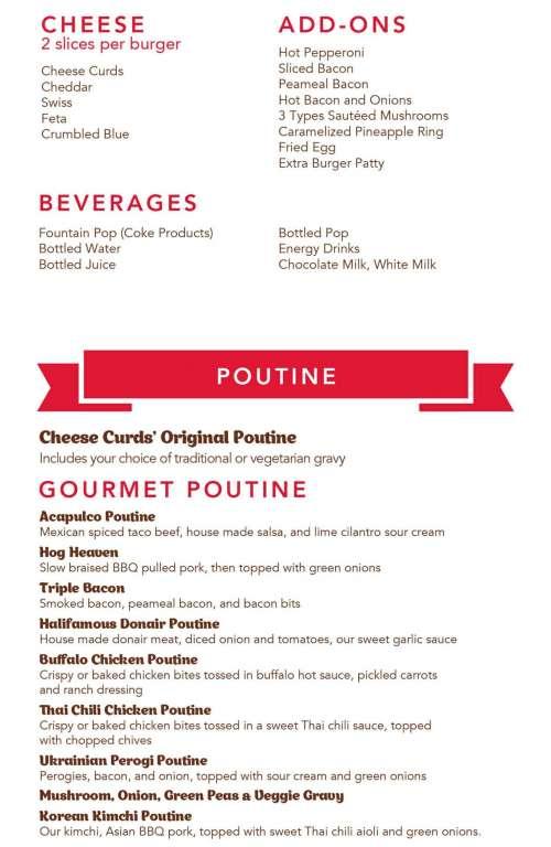 Cheese Curds Gourmet Burgers + Poutinerie menu in Dartmouth, Nova Scotia, Canada
