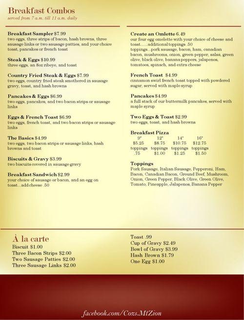 Coz's Pizza menu in Mt Zion, Illinois, USA