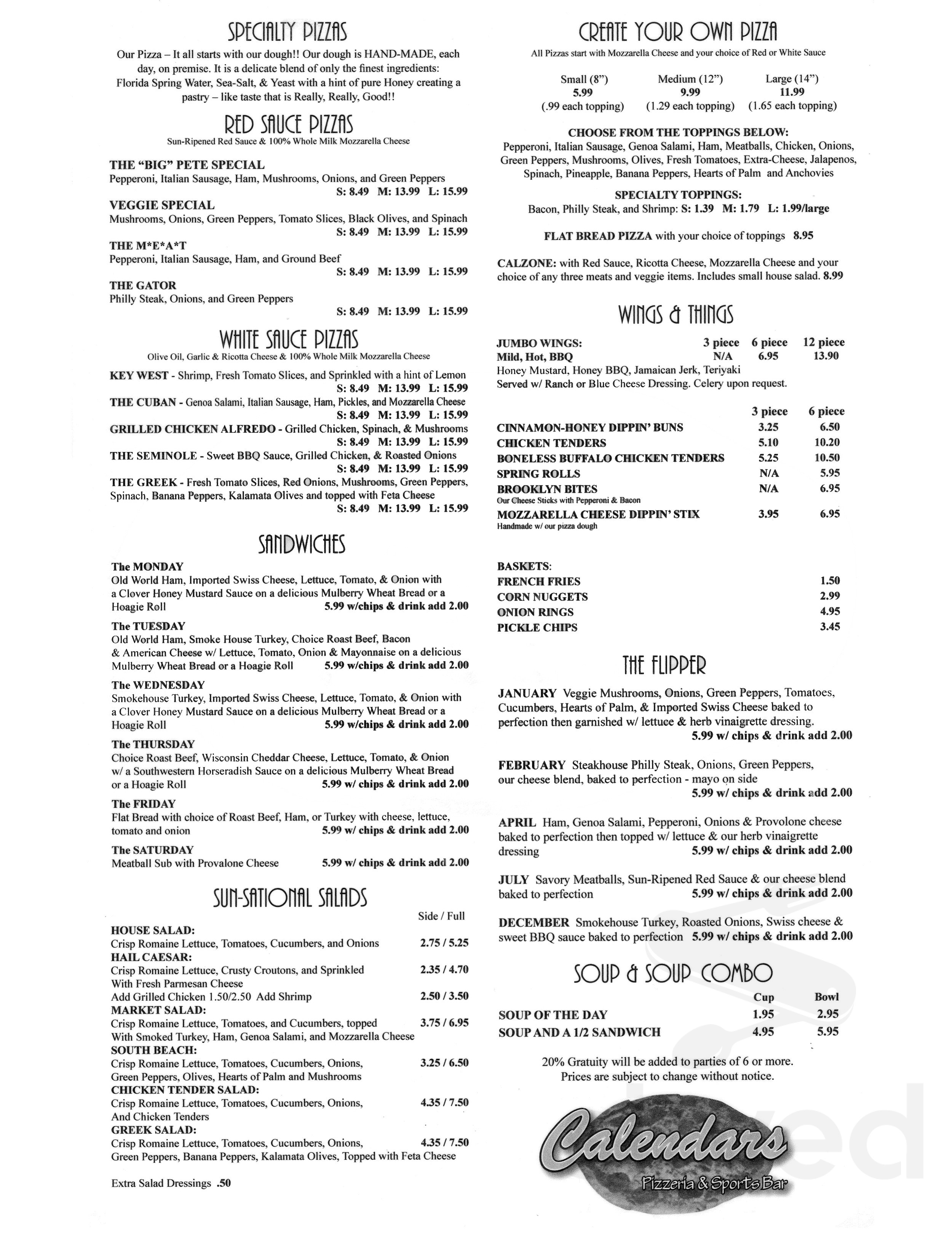 Calendars Pizzeria & Sport Bar menu in Macclenny, Florida