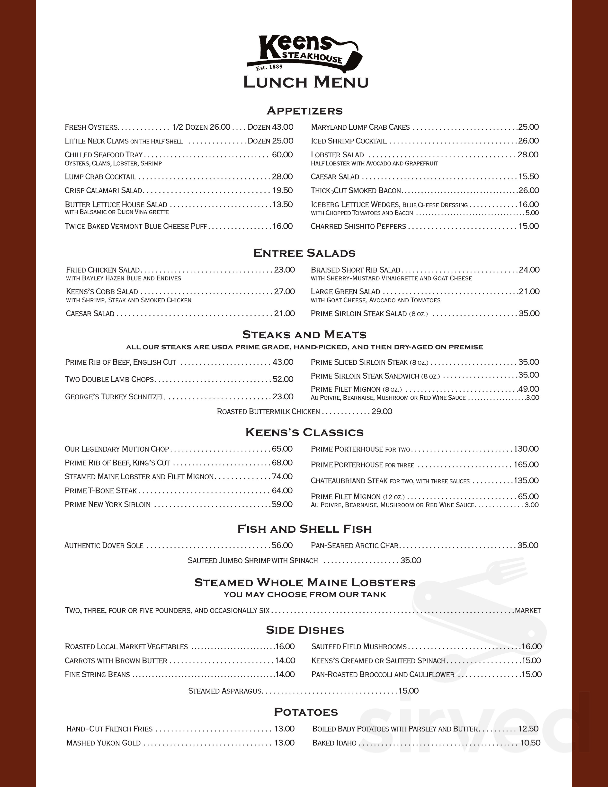 Keens Steakhouse menu in New York, New York, USA