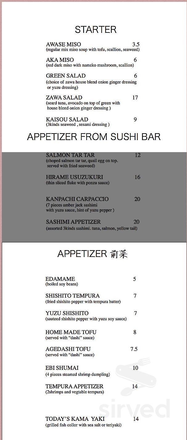 Zawa japanese menu