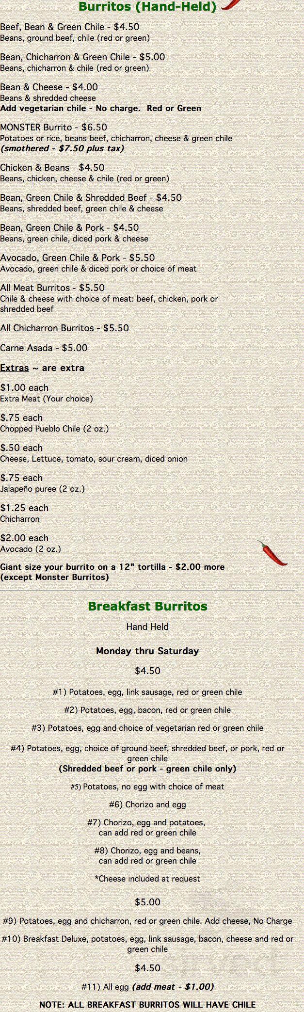 Burrito's Betty menu in Pueblo, Colorado, USA