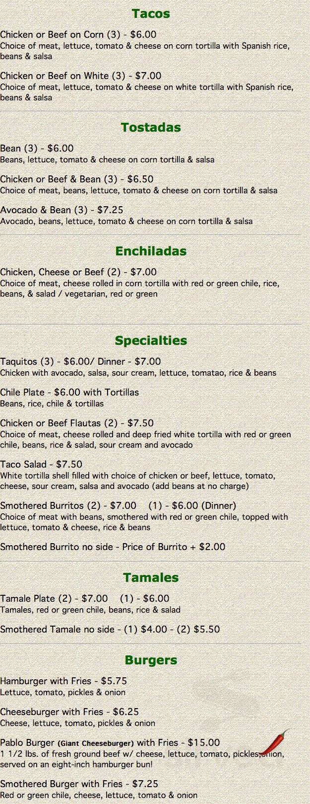 Burrito's Betty menu in Pueblo, Colorado, USA