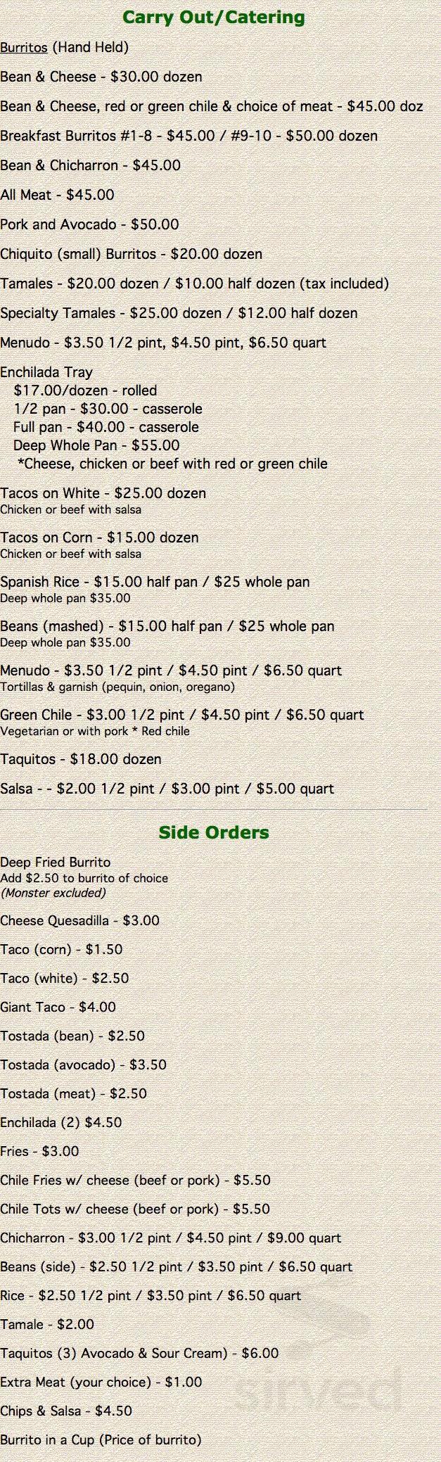 Burrito's Betty menu in Pueblo, Colorado, USA