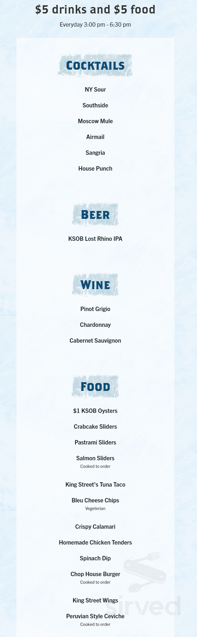 King Street Oyster Bar happy hour menu in Middleburg, Virginia