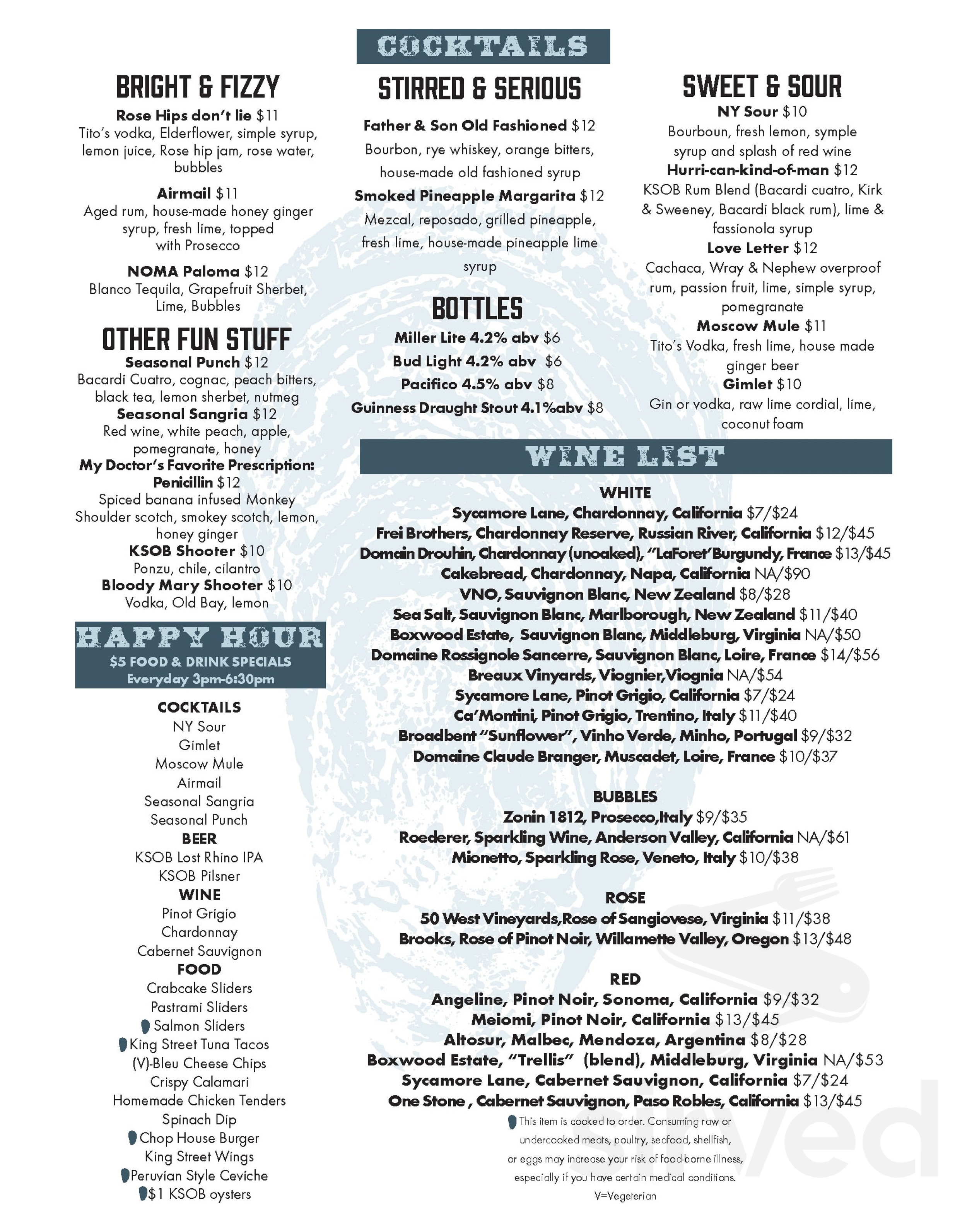 King Street Oyster Bar drink menu in Middleburg, Virginia