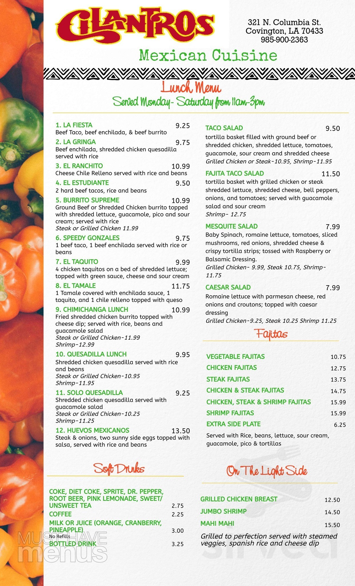 Cilantros Mexican Cuisine menu in Covington, Louisiana, USA