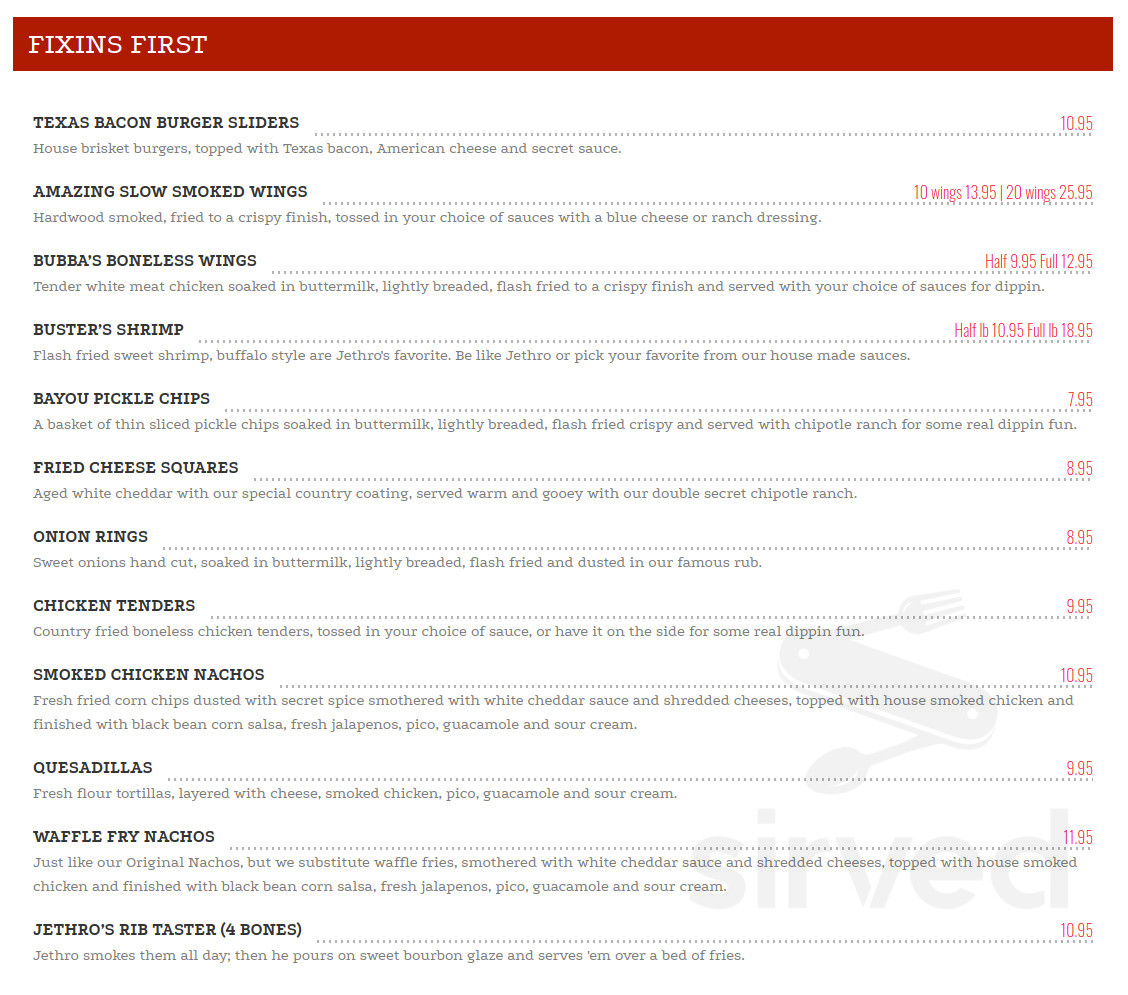 Jethro's BBQ ‘n Jambalaya menu in West Des Moines, Iowa, USA