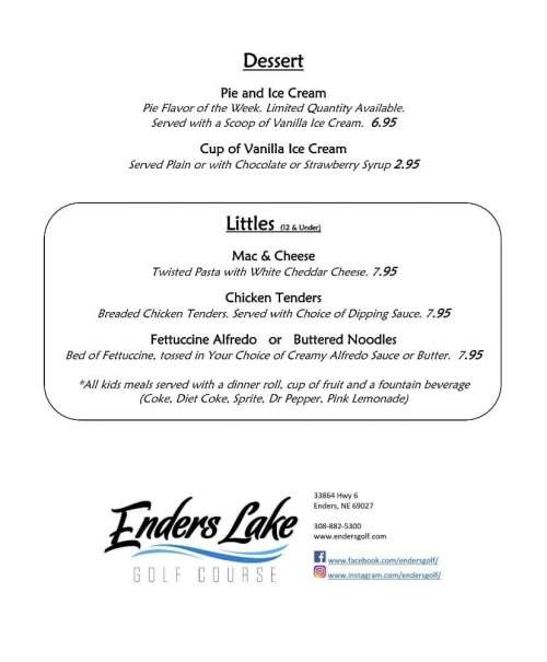 Enders Lake Golf Course Menu In Enders Nebraska USA