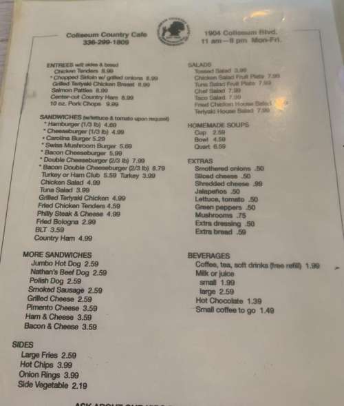 Coliseum Country Cafe menu in Greensboro, North Carolina, USA