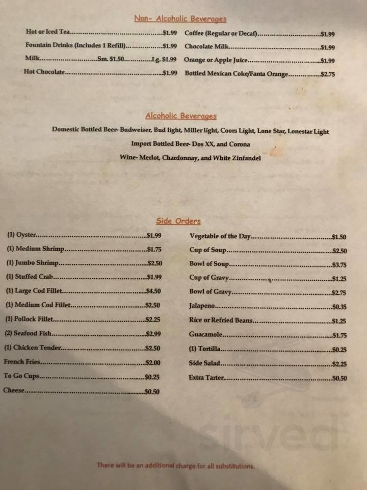 Sherry's Texan Seafood Restaurant menu in San Antonio, Texas, USA