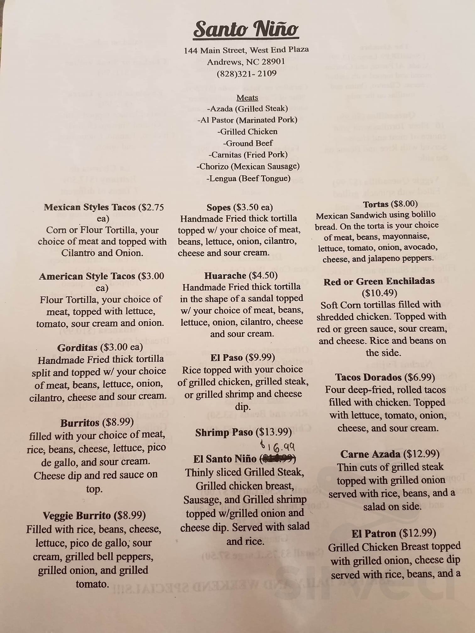 Menu for Santo Niño Restaurant in Andrews, North Carolina, United States