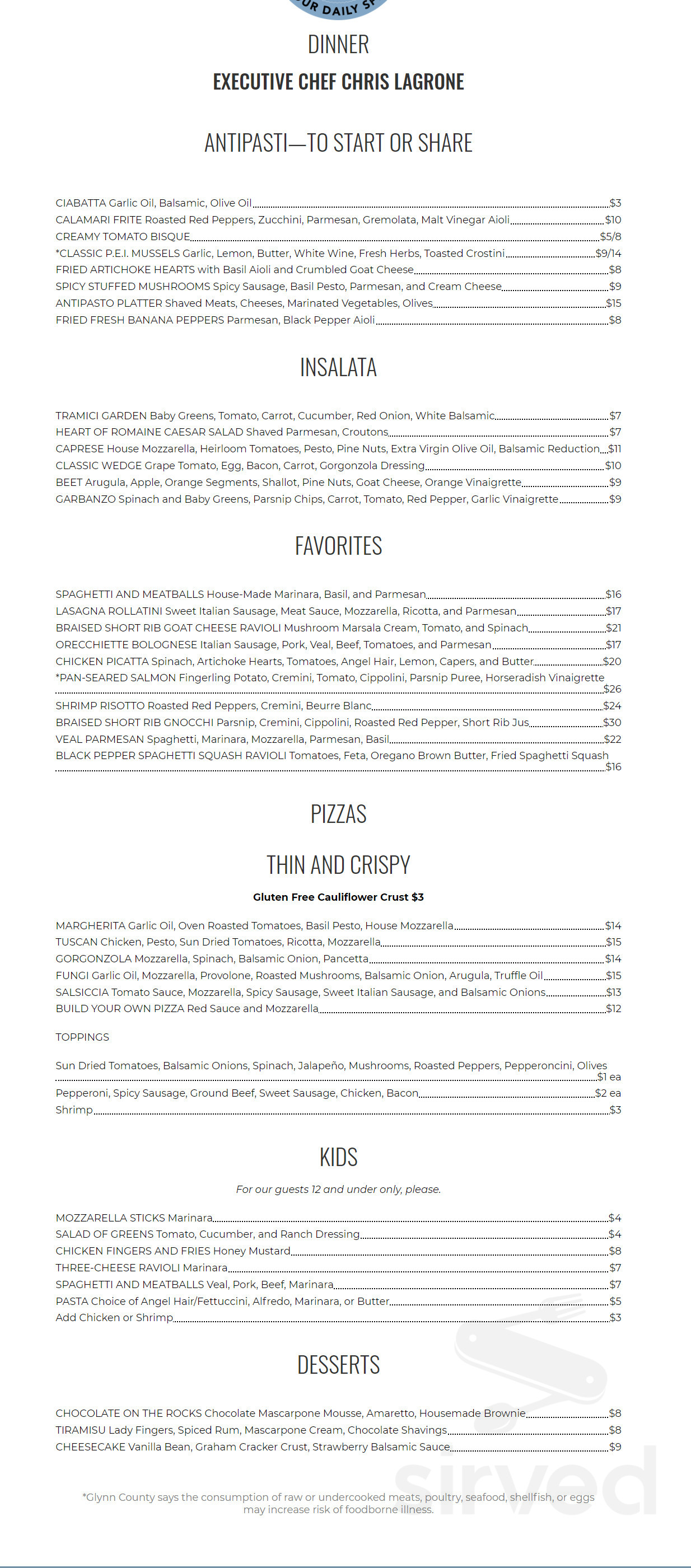 Menu - St Simons Island GA's Tramici Restaurant | Sirved