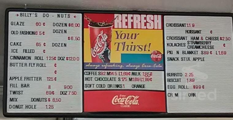Billy's Donuts menu in West Tawakoni, Texas